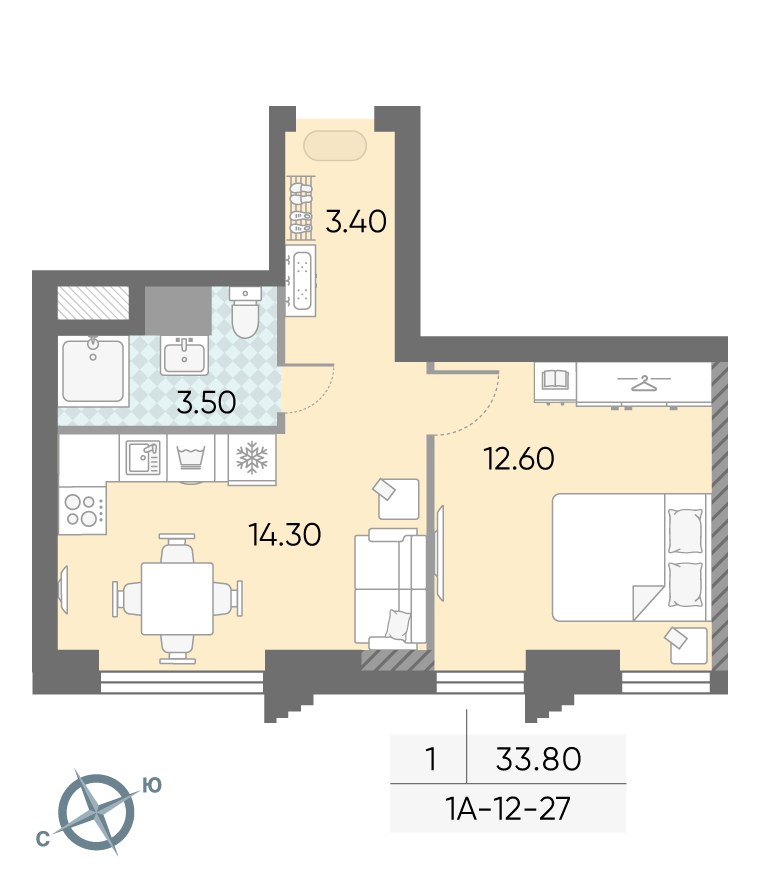 Планировка 33.8 м²