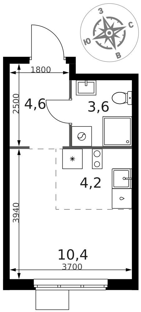 Планировка: Студия, 22.8 м²