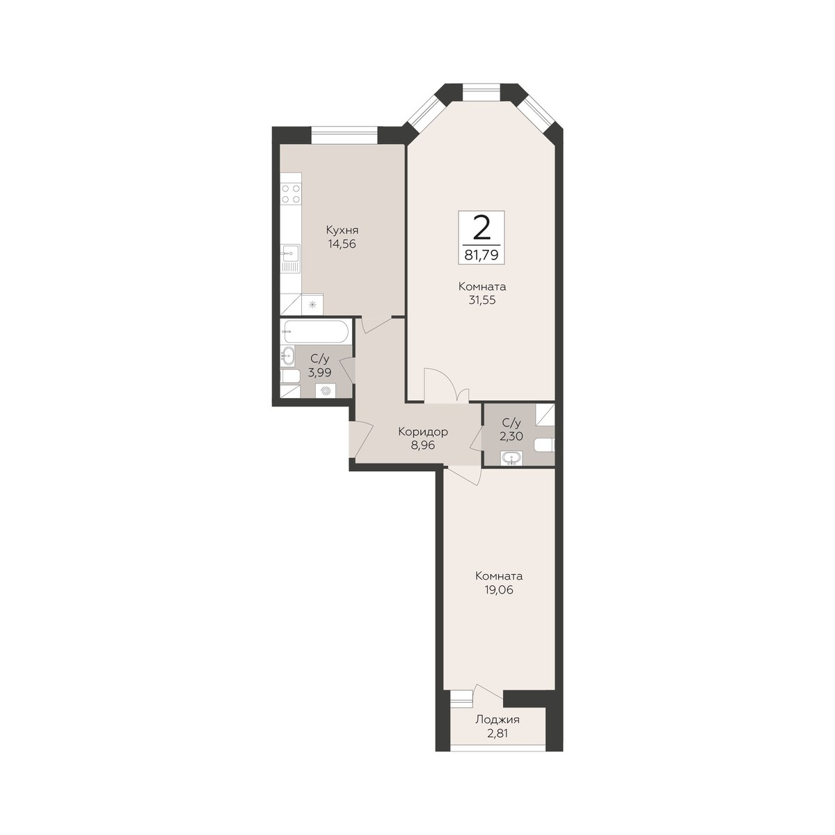 Планировка: 2-комнатная, 81.79 м²