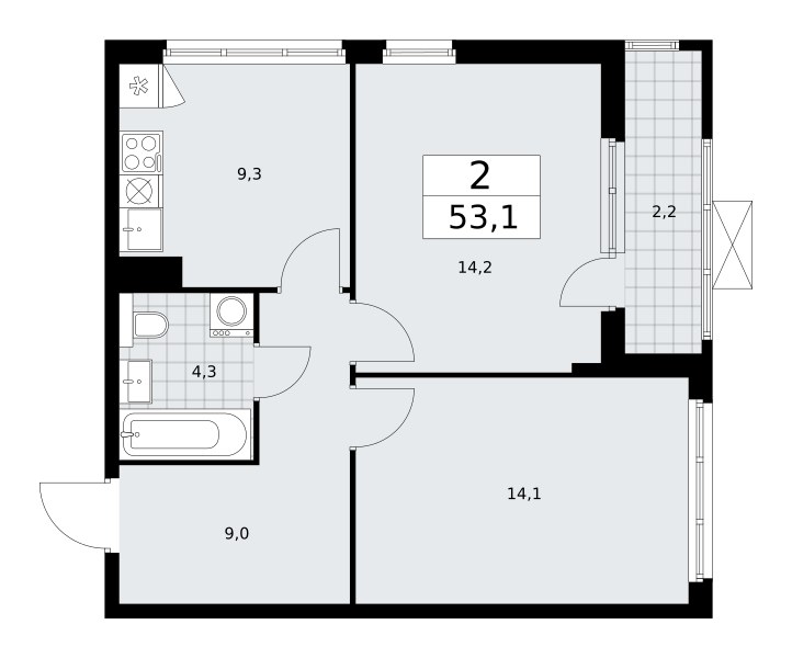 Планировка: 2-комнатная, 53.0 м²