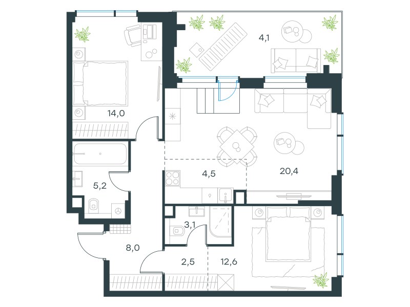 Планировка 74.4 м²