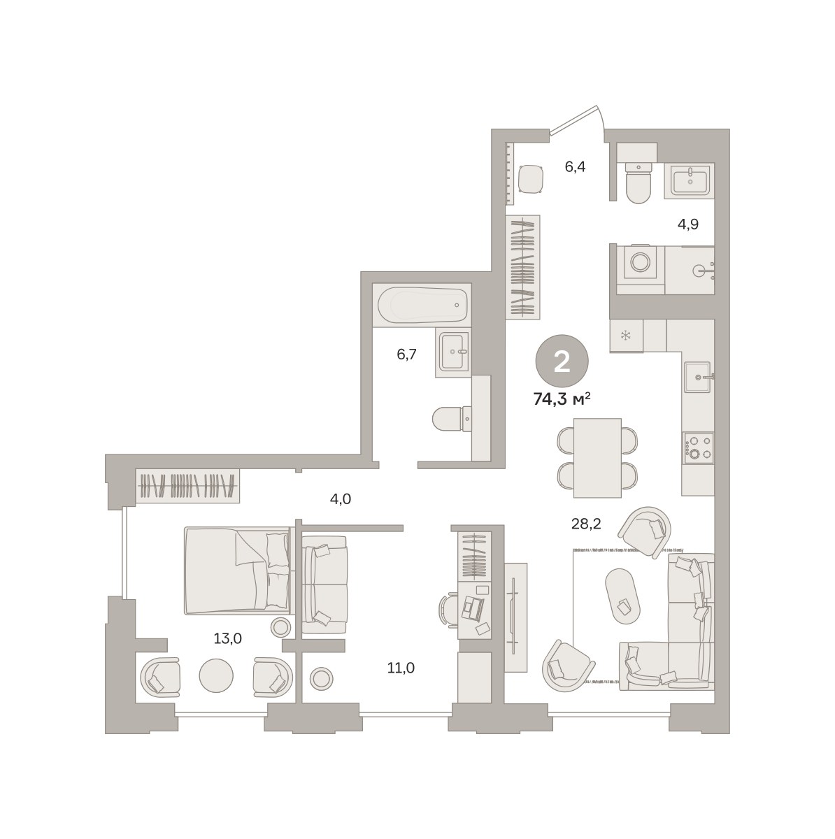 Планировка 74.28 м²