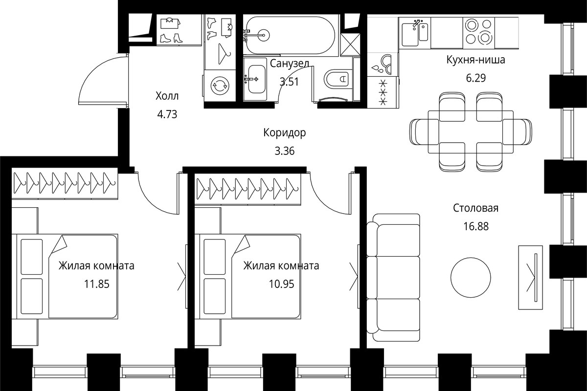 Планировка 57.57 м²