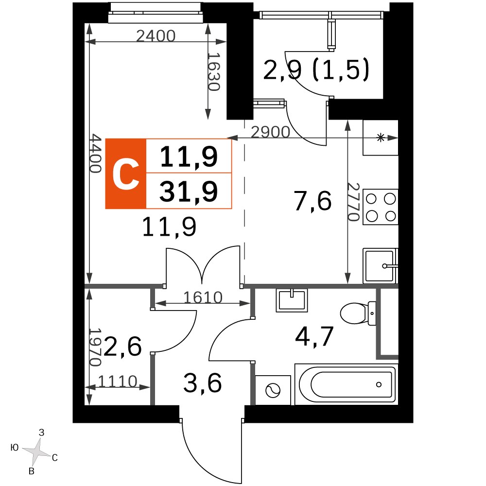 Планировка: Студия, 29.7 м²