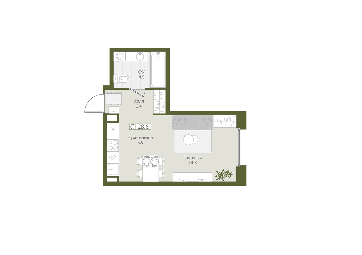 Планировка 28.6 м²