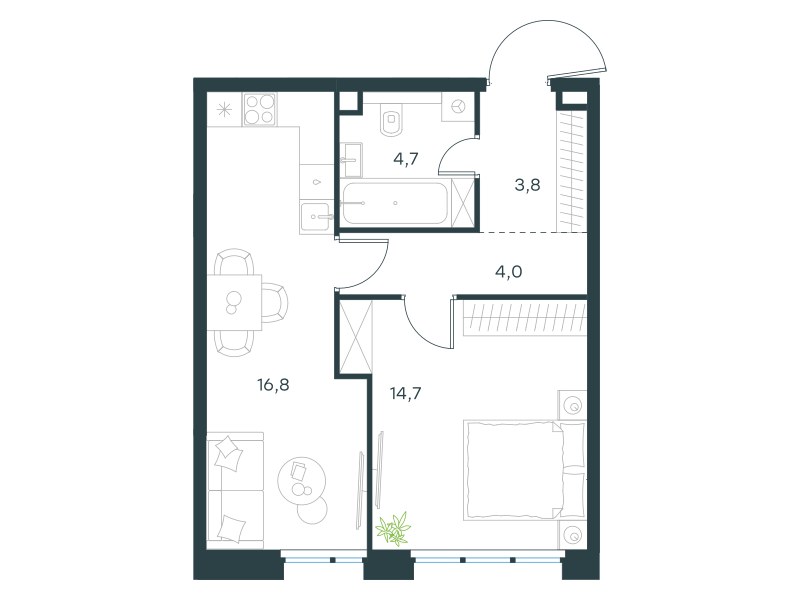 Планировка: 1-комнатная, 44.0 м²