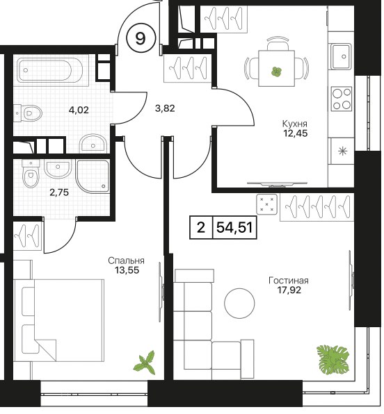 Планировка 54.51 м²