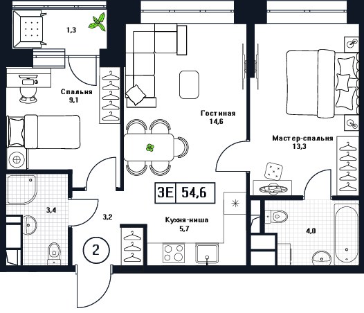 Планировка 54.6 м²