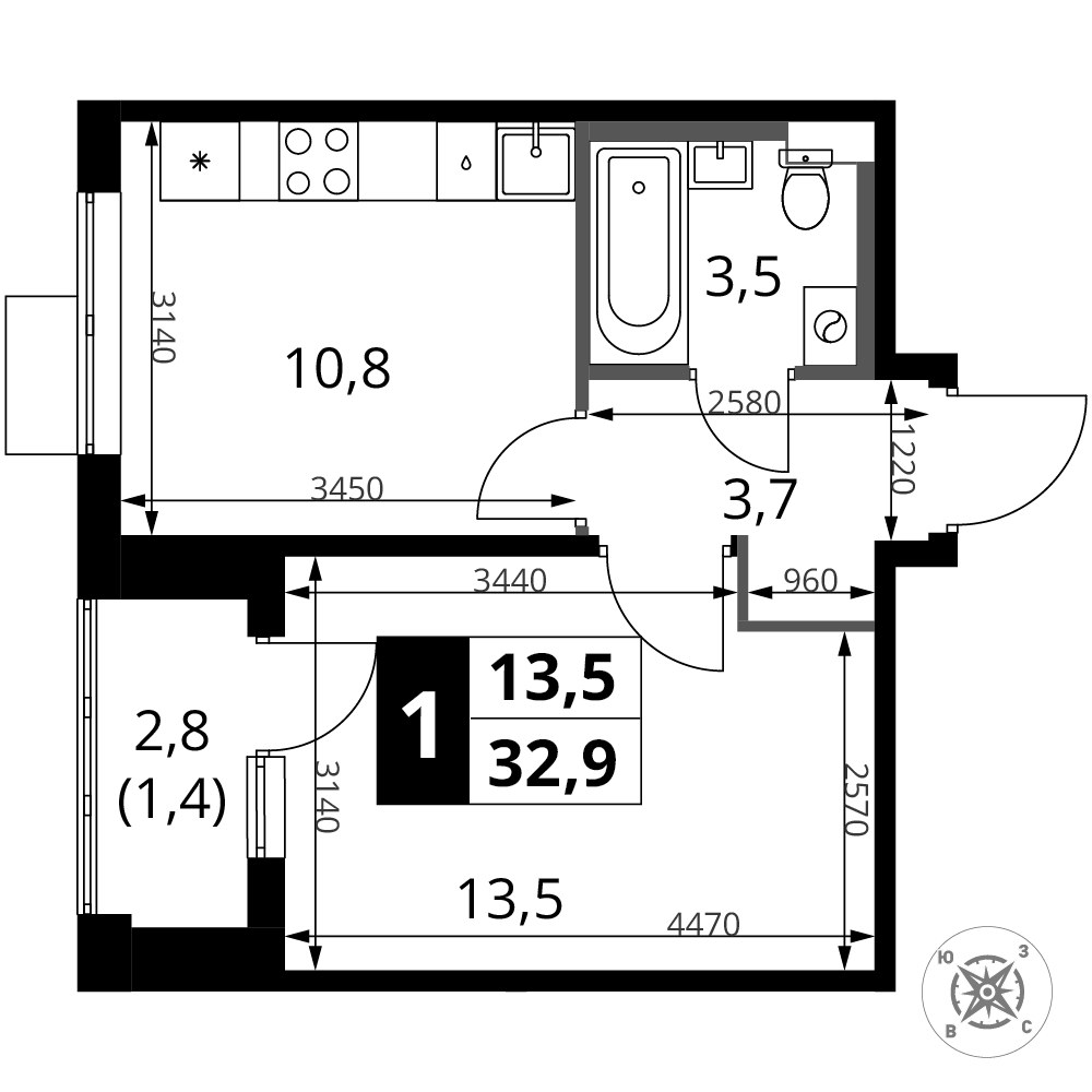 Планировка 32.9 м²