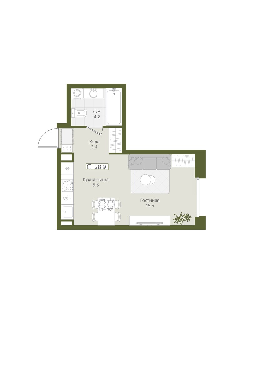 Планировка: Студия, 28.9 м²