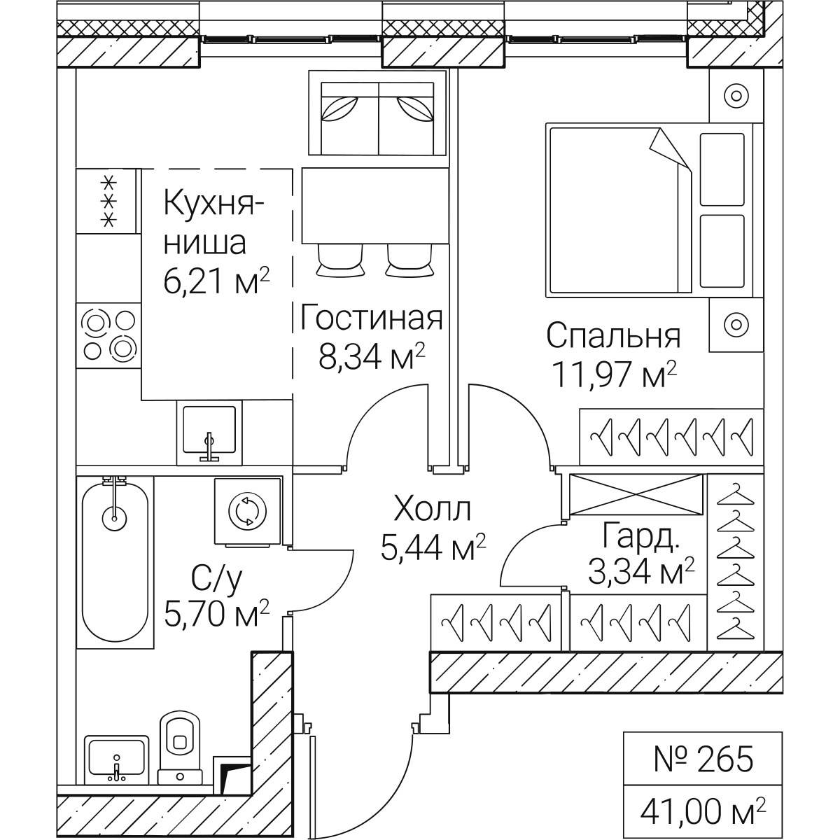 Планировка: 1-комнатная, 41.0 м²