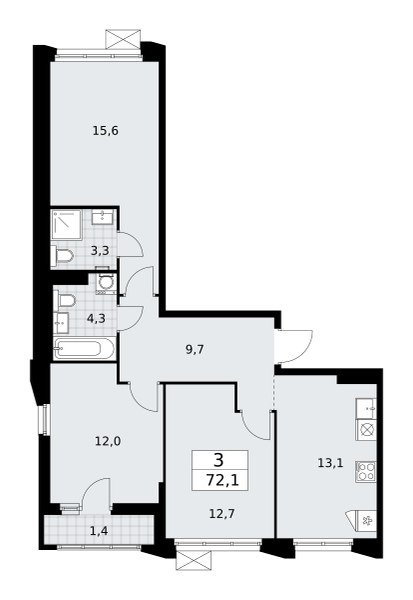Планировка: 3-комнатная, 72.1 м²