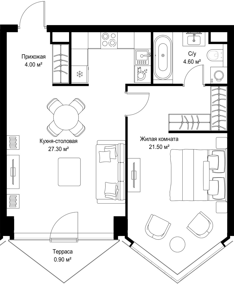 Планировка: 1-комнатная, 58.3 м²