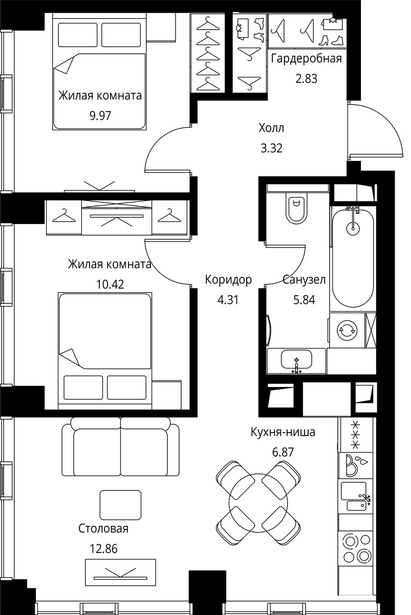 Планировка 56.42 м²