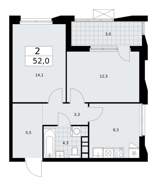 Планировка: 2-комнатная, 52.0 м²