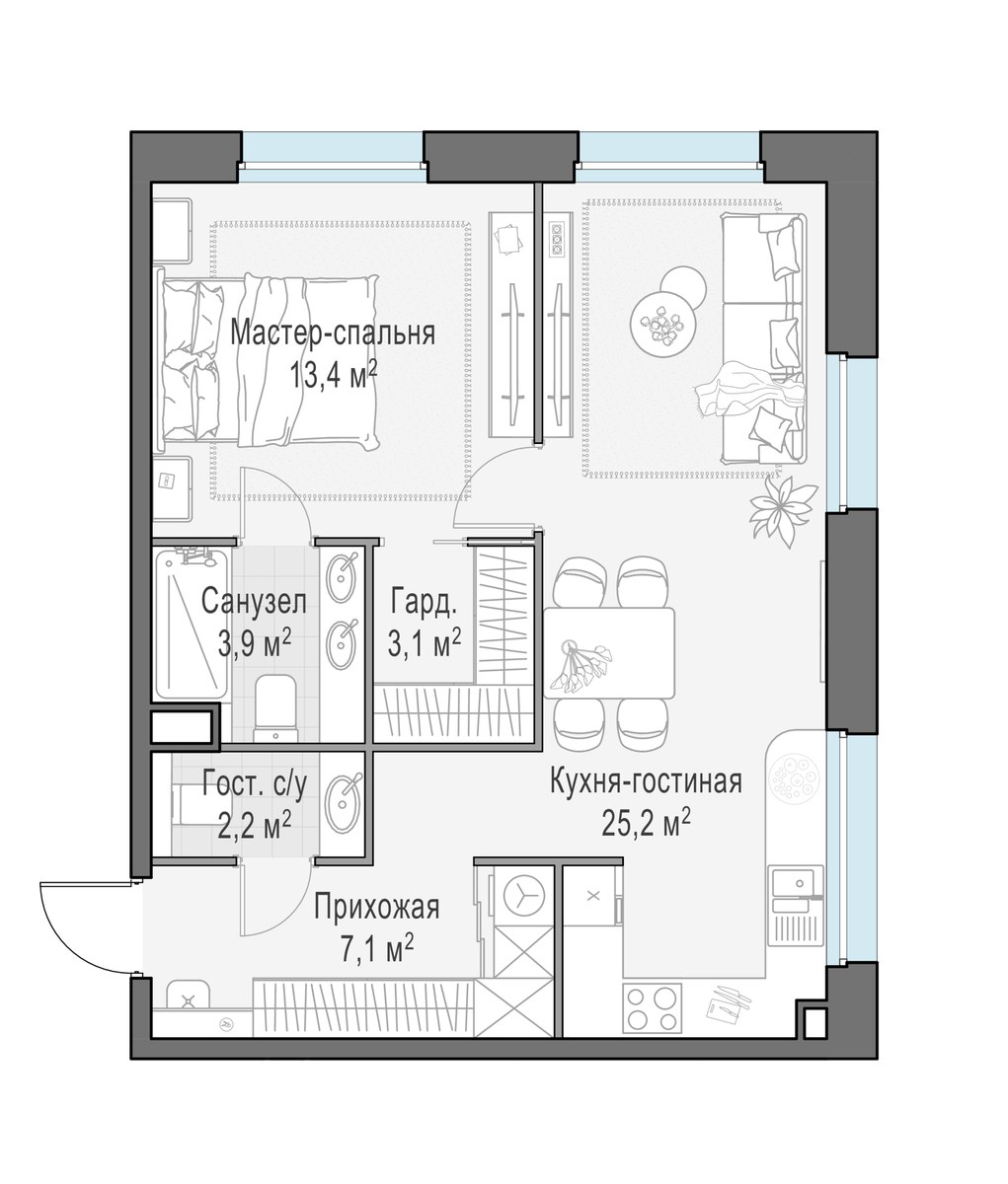 Планировка 55.0 м²