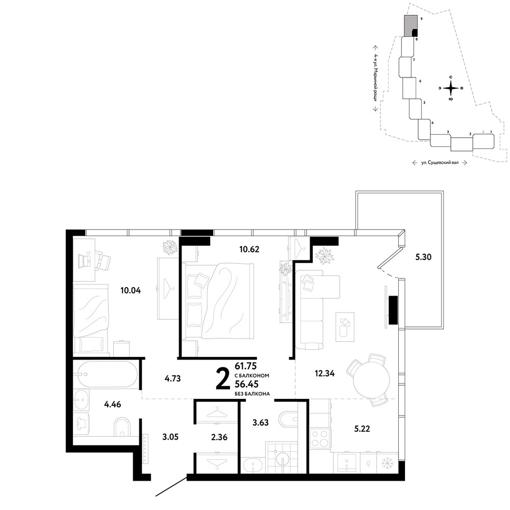 Планировка 61.75 м²