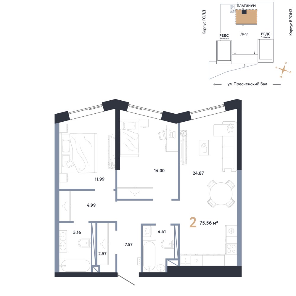 Планировка 75.56 м²