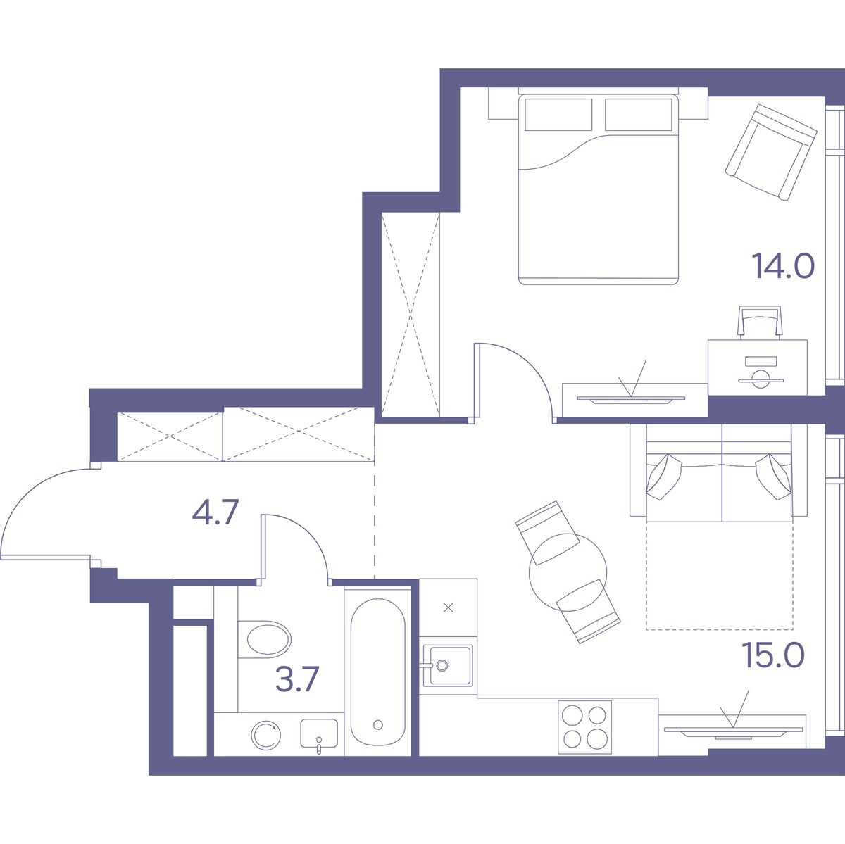 Планировка: 1-комнатная, 37.4 м²