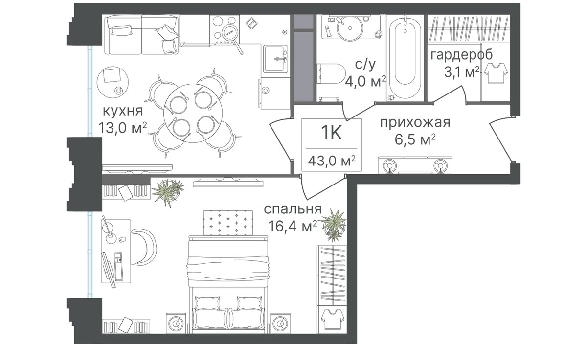 Планировка 42.7 м²
