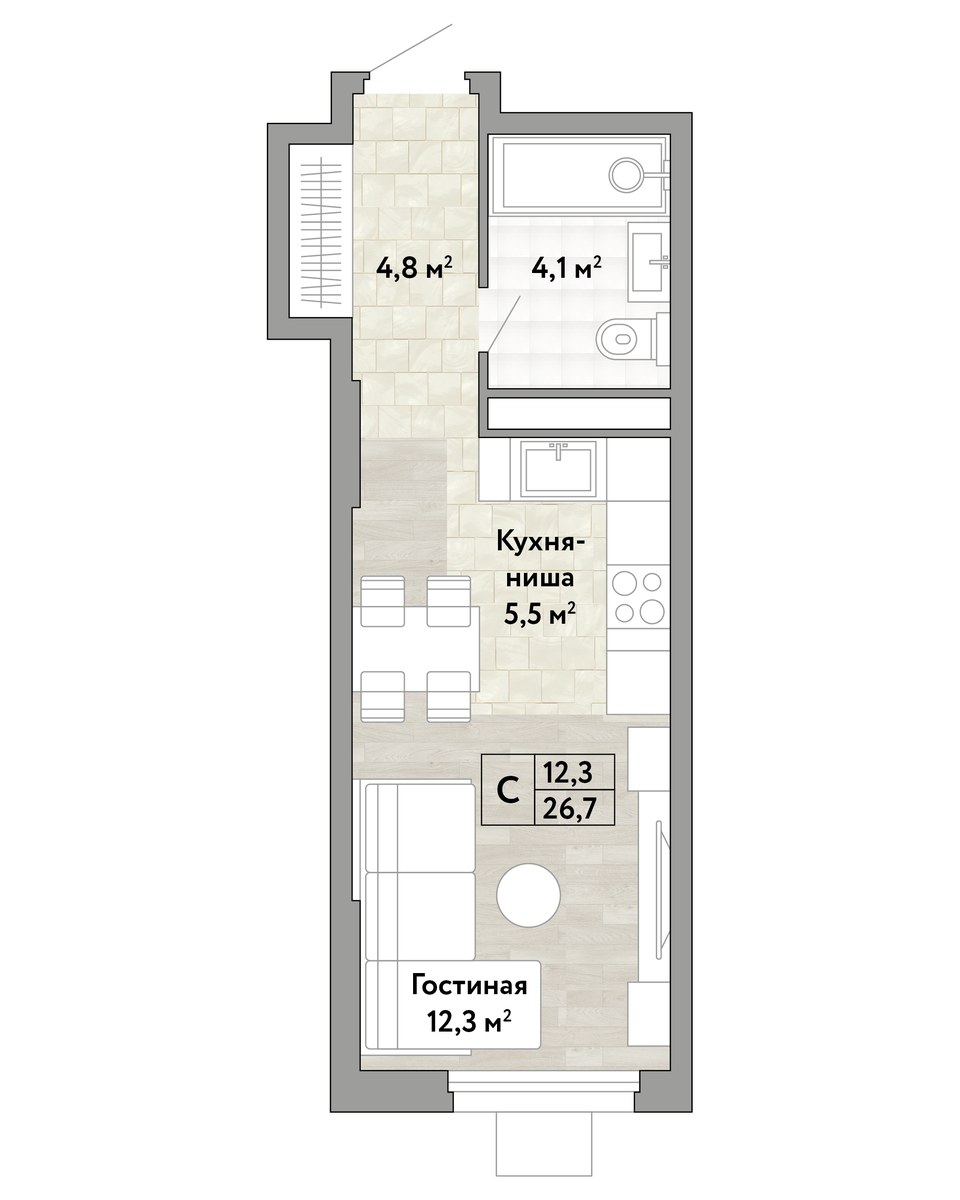 Планировка: Студия, 26.7 м²