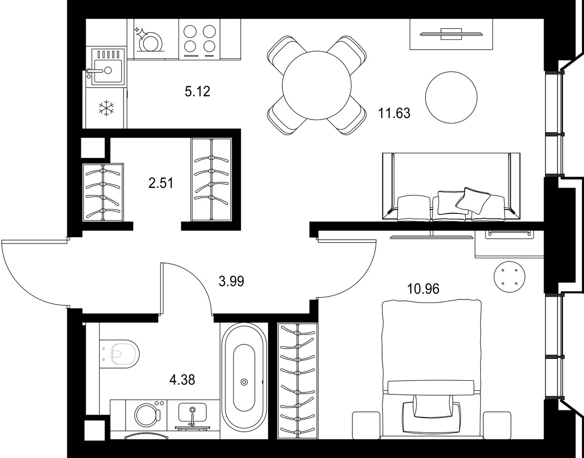 Планировка: 1-комнатная, 38.59 м²