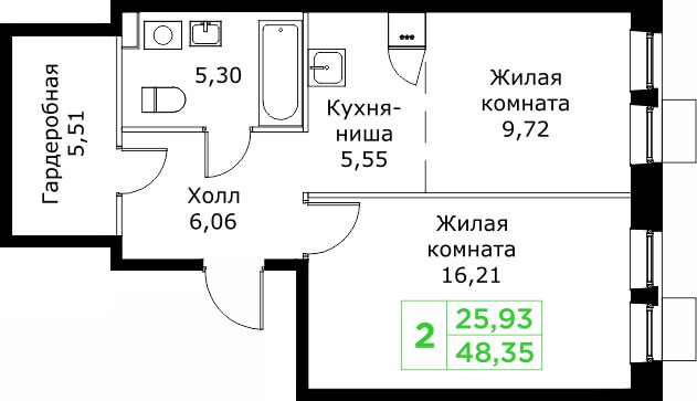 Планировка 48.4 м²