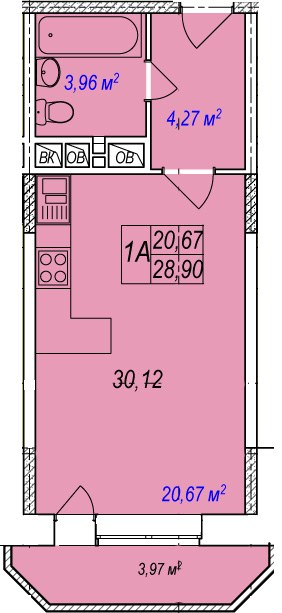 Планировка: Студия, 30.12 м²