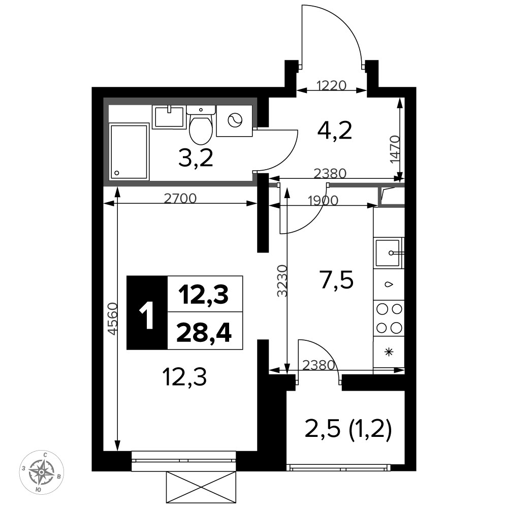Планировка: Студия, 28.5 м²