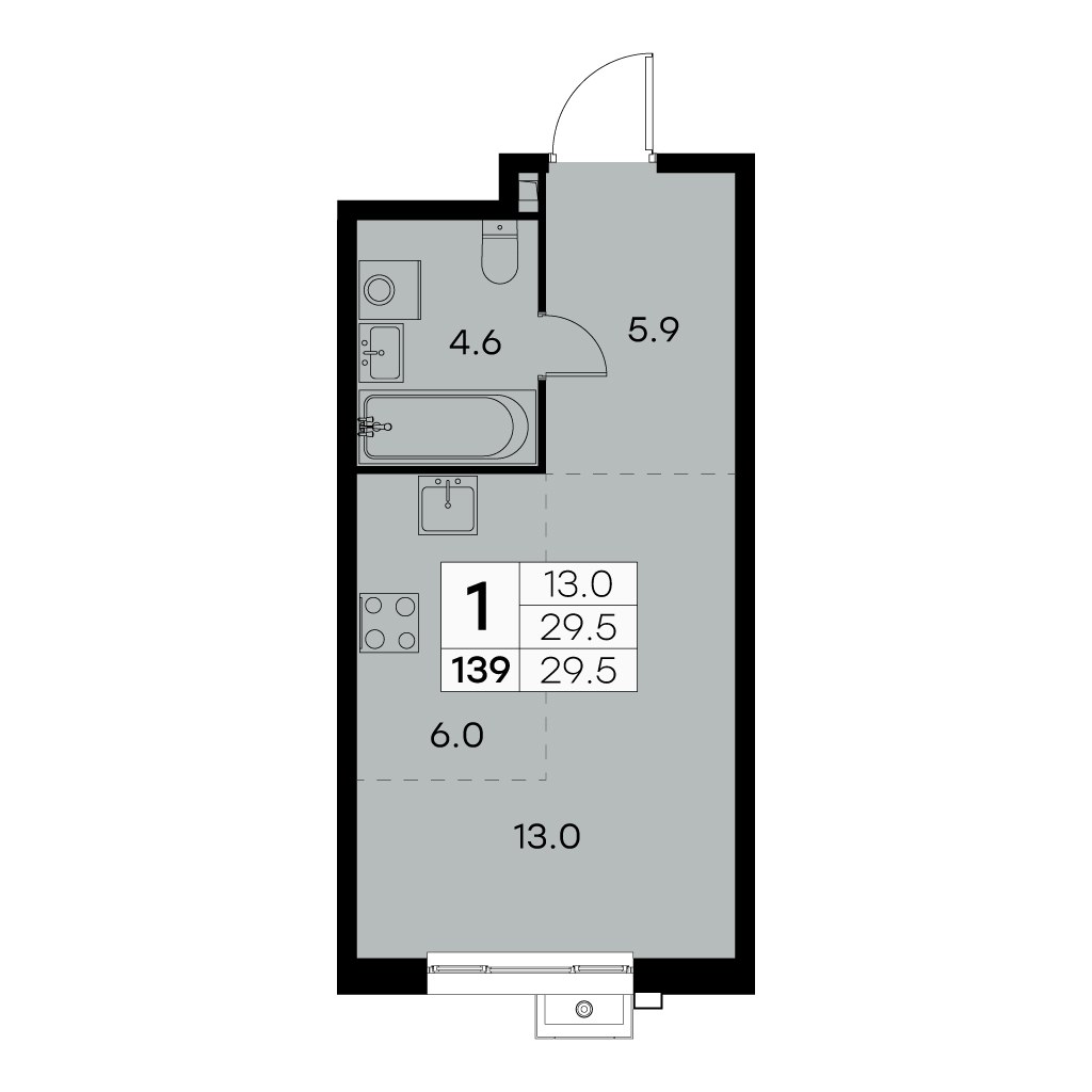 Планировка: 1-комнатная, 29.5 м²