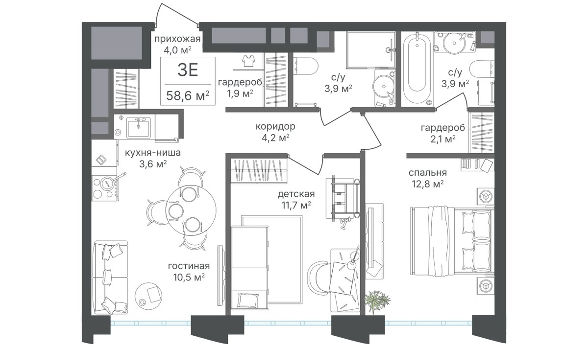 Планировка 58.6 м²