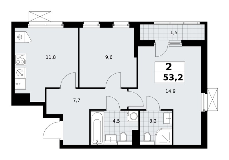 Планировка: 2-комнатная, 53.3 м²