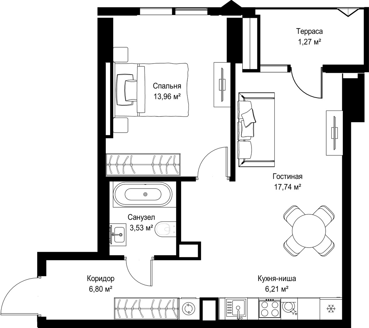 Планировка: 1-комнатная, 49.51 м²