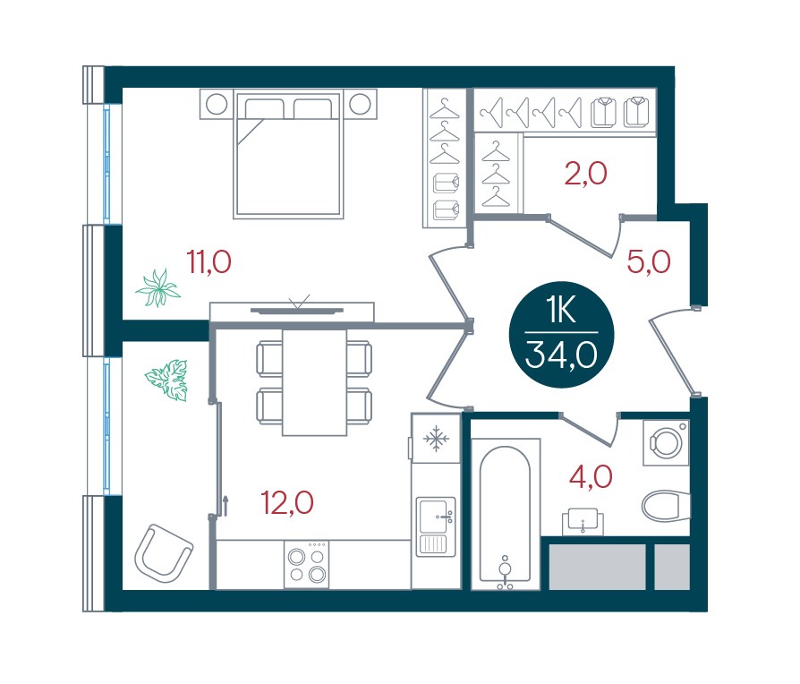 Планировка 34.0 м²
