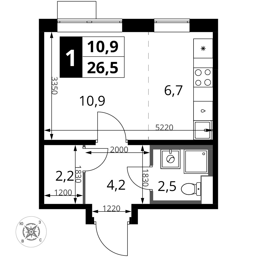 Планировка: Студия, 26.5 м²