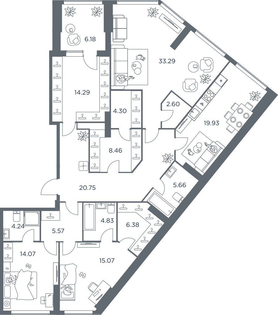 Планировка: 3-комнатная, 156.9 м²