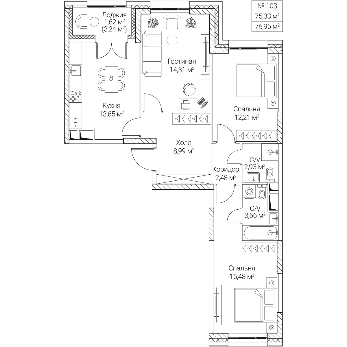 Планировка 75.33 м²