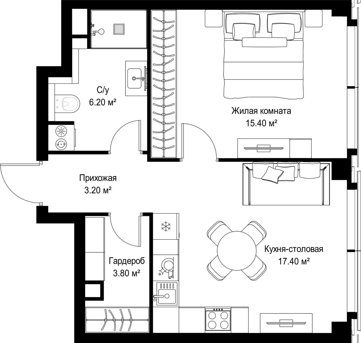 Планировка: 1-комнатная, 46.0 м²