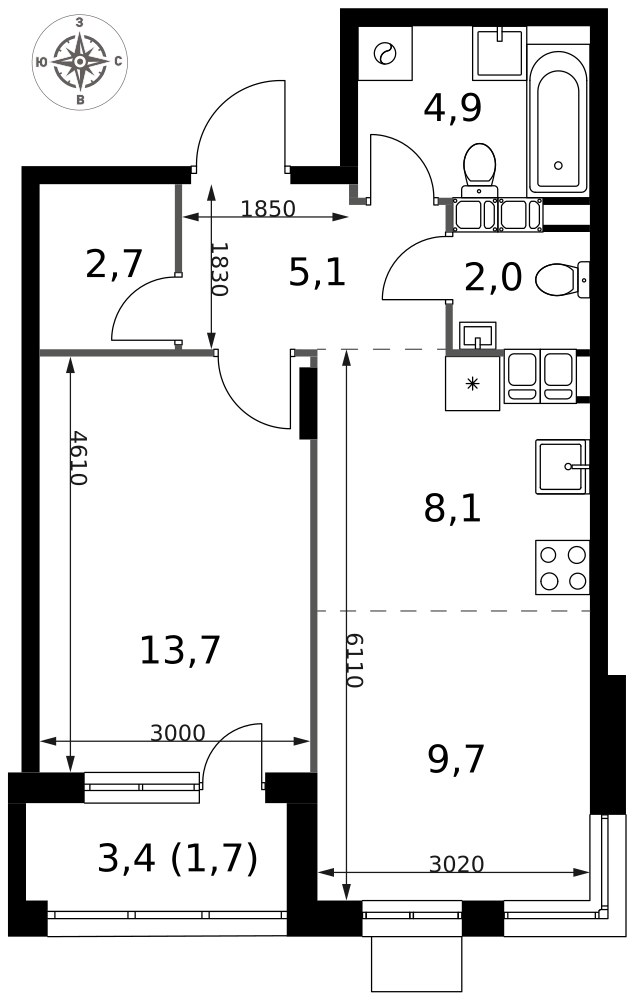 Планировка 47.9 м²