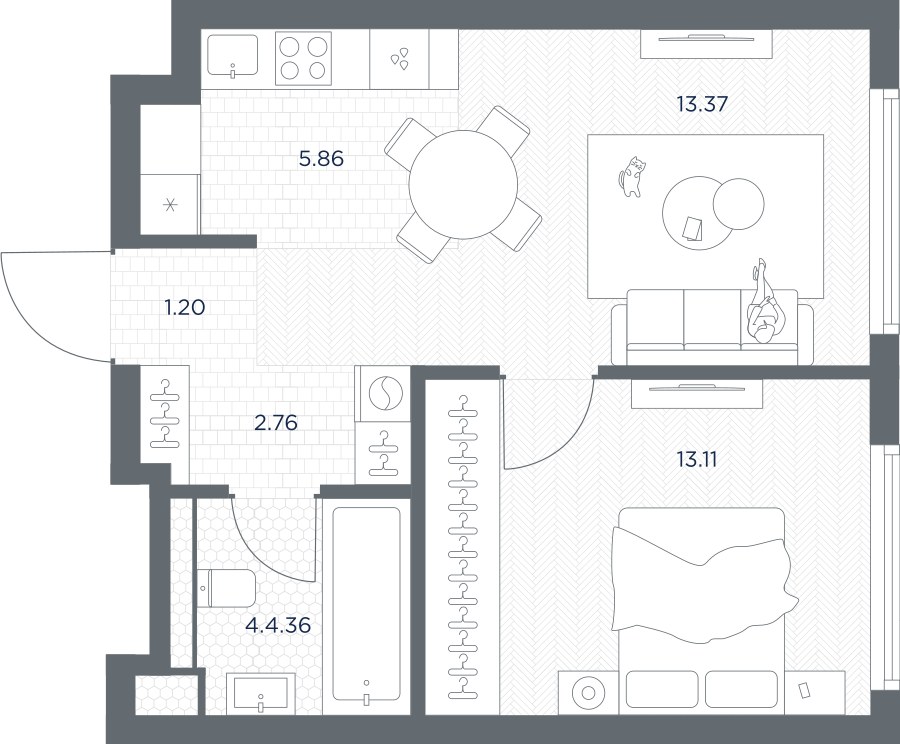 Планировка: 1-комнатная, 40.86 м²