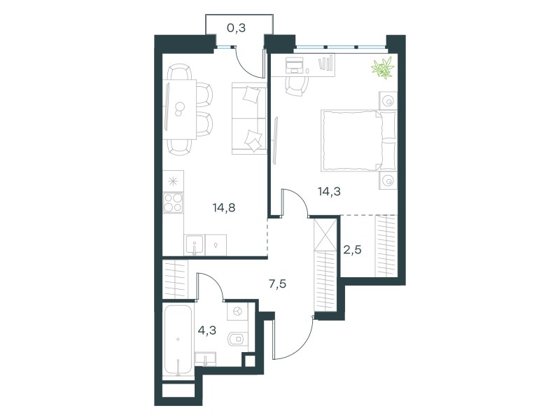 Планировка: 1-комнатная, 43.7 м²