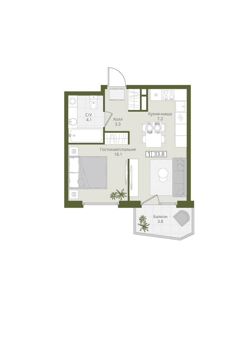 Планировка 33.8 м²