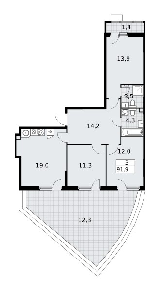 Планировка: 3-комнатная, 91.9 м²