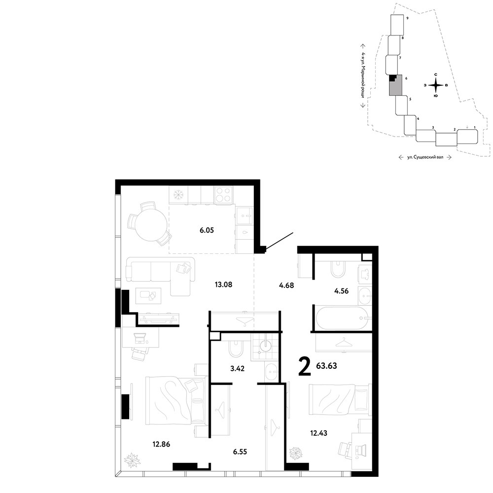 Планировка 63.63 м²