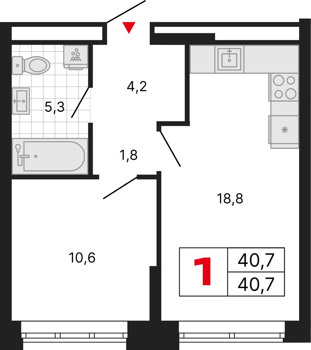 Планировка: 1-комнатная, 40.7 м²