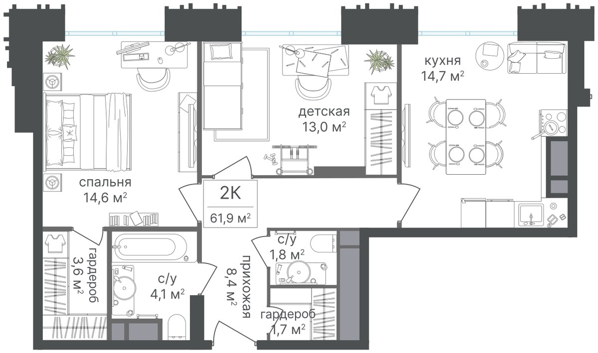 Планировка 61.8 м²