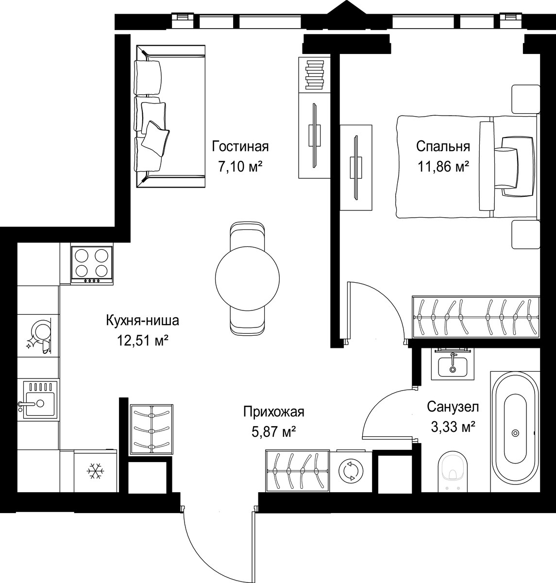 Планировка: 1-комнатная, 40.67 м²