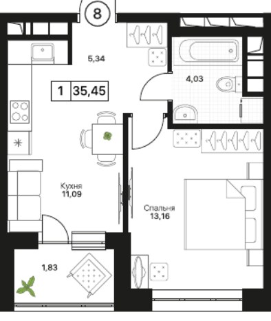 Планировка 35.35 м²