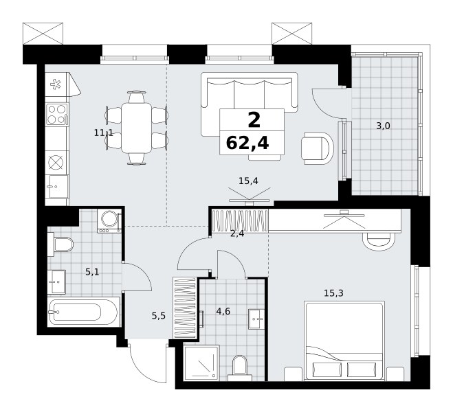 Планировка: 2-комнатная, 62.4 м²