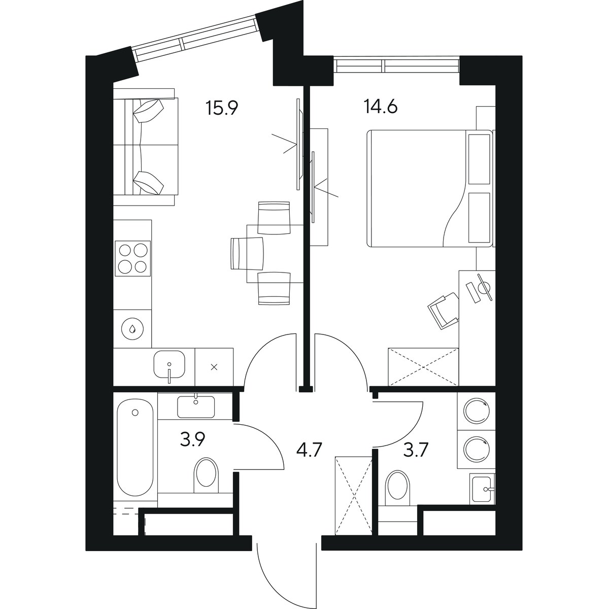 Планировка: 1-комнатная, 42.8 м²